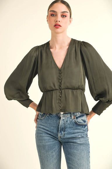 Reset by Jane - Jazmine Button Up Blouse - Olive - Front