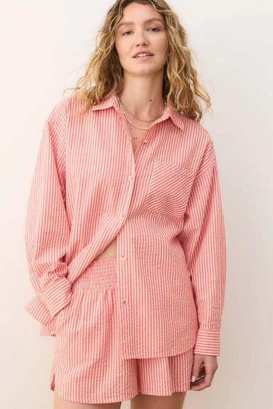 Marine Layer - Gracey Seersucker Shirt - Hibiscus/Sand Stripe - Front