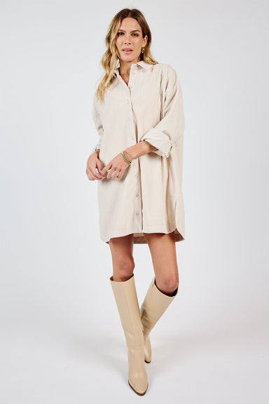 Sadie & Sage - Nourish Corduroy Shirt Dress - Ivory - Front