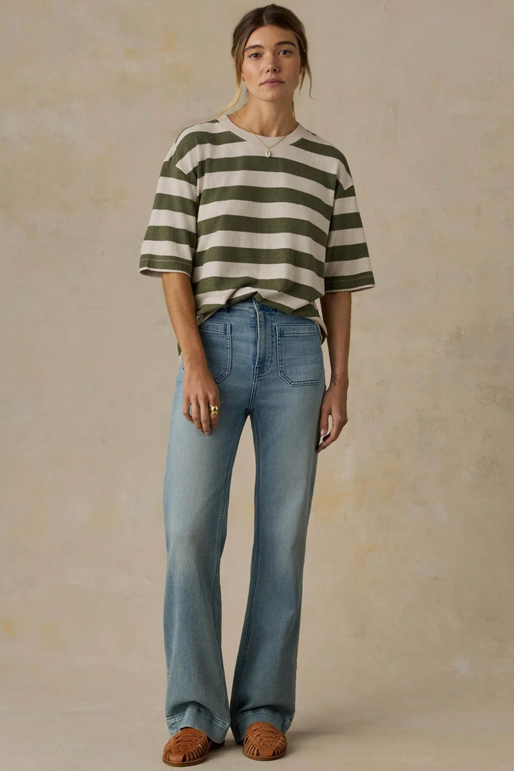 Faherty Hemp Blend Vintage Tee in Olive Stripe — Styled view
