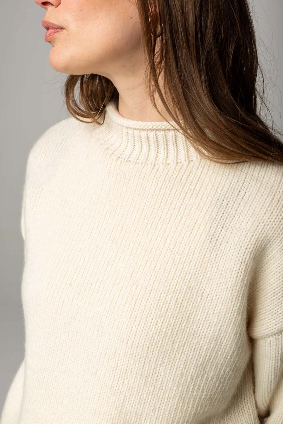 Finisterre Taran Jumper in Ecru — Collar detail view