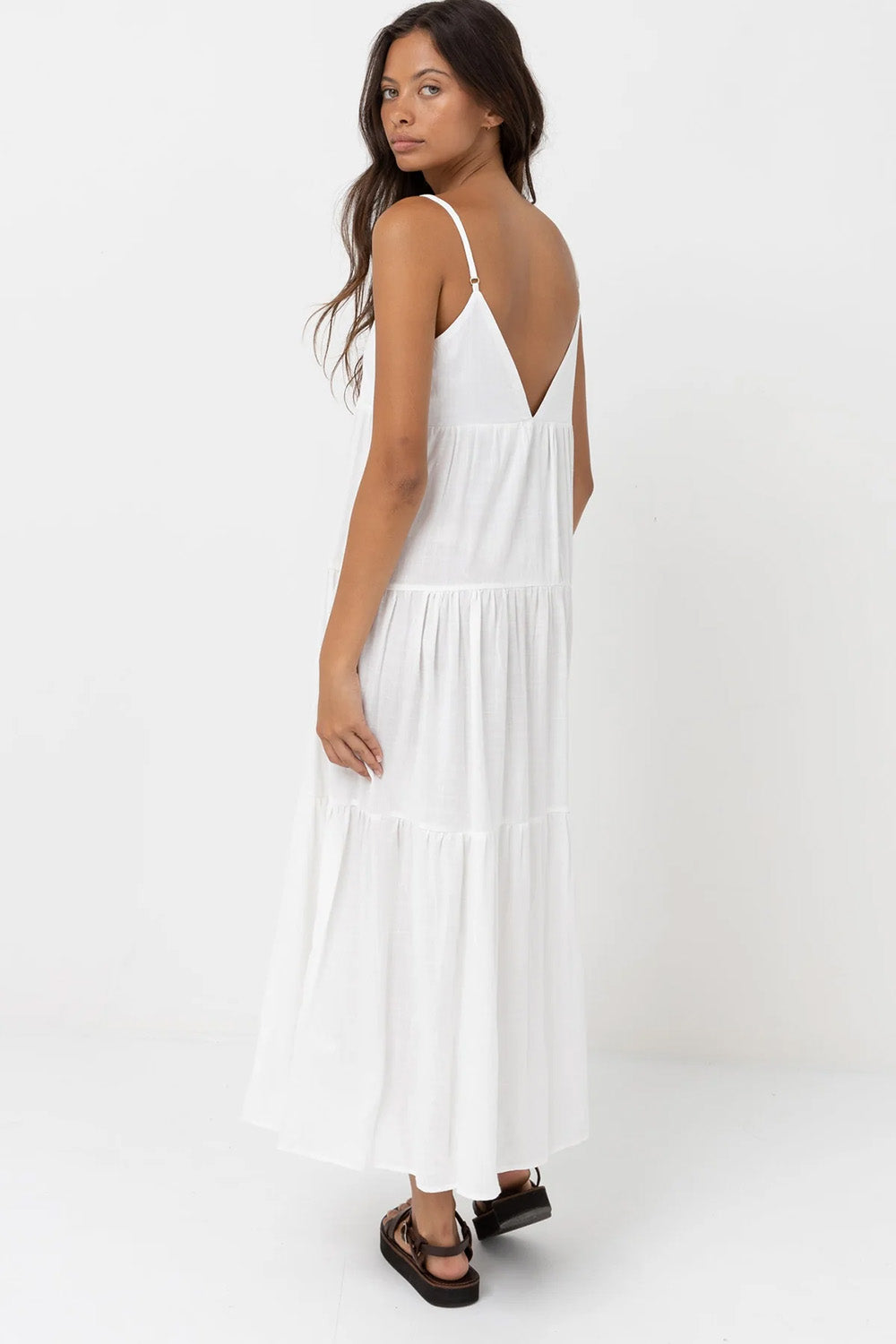 Rhythm - Classic Tiered Midi Dress - White - Back