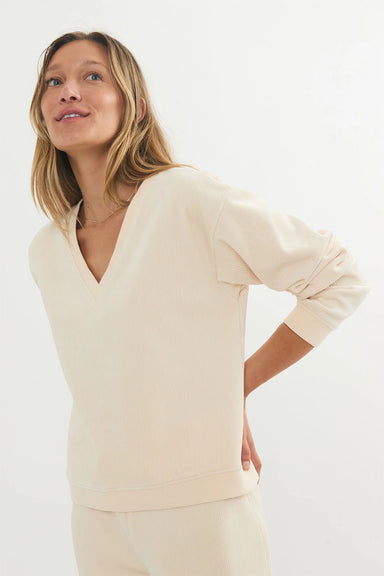 Marine Layer - Velour Corduroy V Neck - Cream - Profile