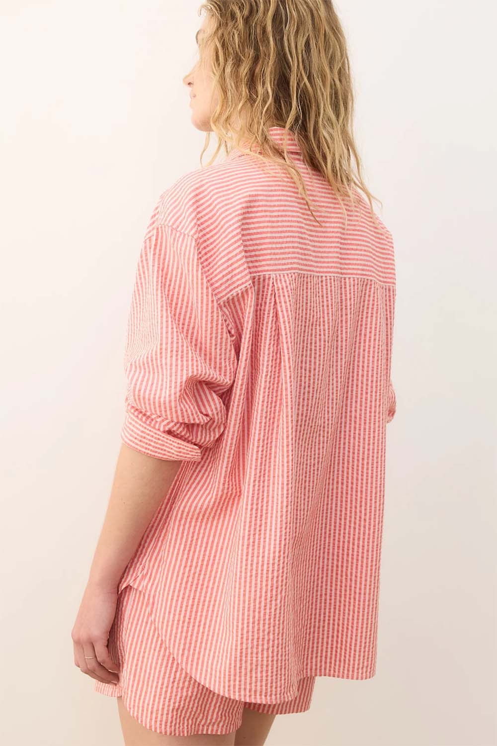 Marine Layer - Gracey Seersucker Shirt - Hibiscus/Sand Stripe - Back