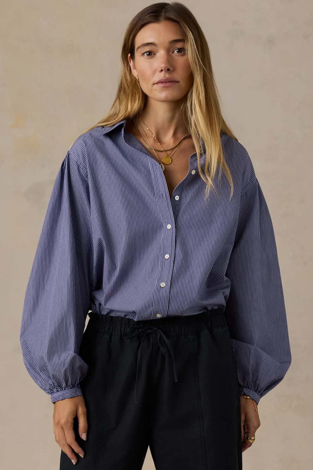 Faherty Coastal Poplin Suki Blouse in Sailor Ink Stripe — Front view
