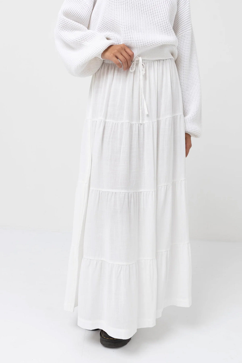 Rhythm - Classic Tiered Maxi Skirt - White - Front
