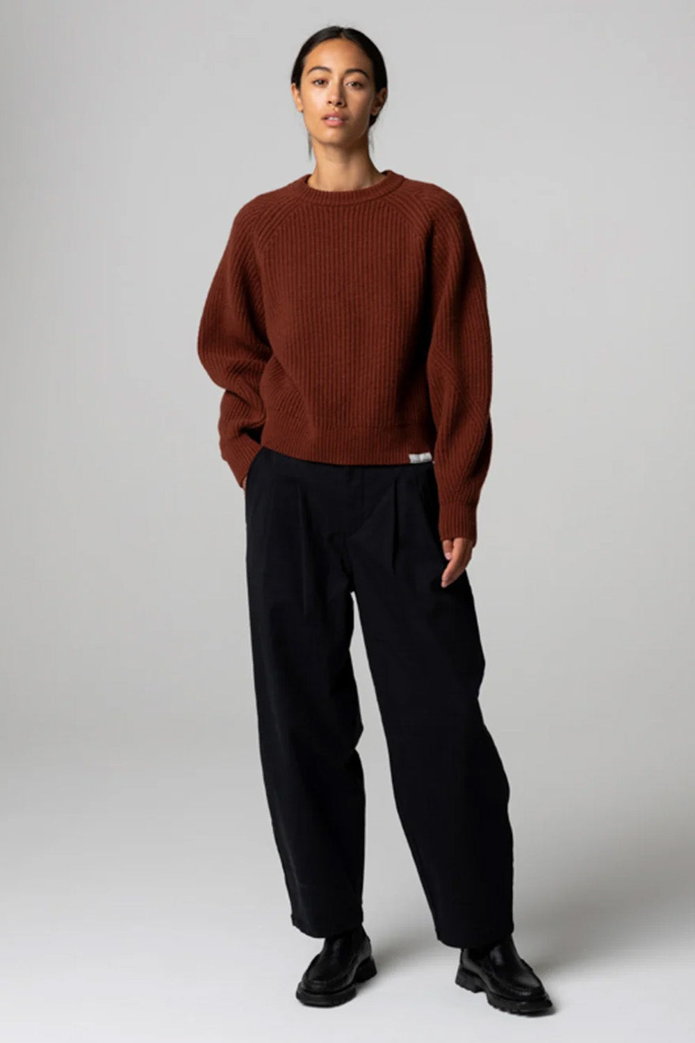 Finisterre - Fisherman Rib Crew Jumper - Cherry Wood - Full Body