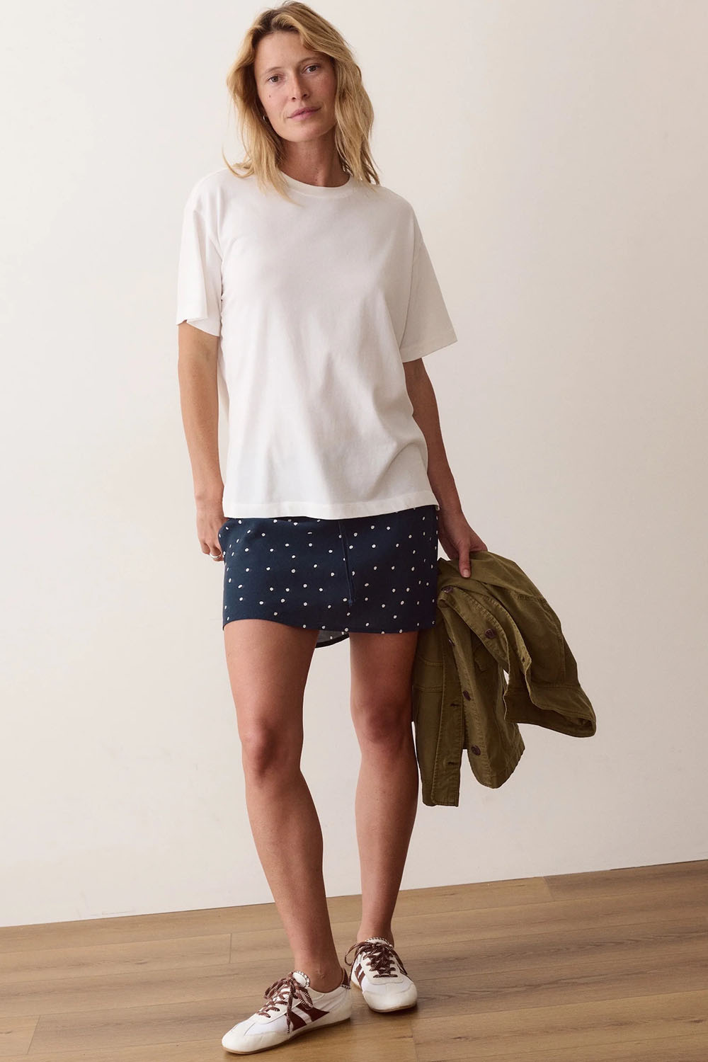 Marine Layer Miracle Jersey Crew Tee in Antique White — Full-body view, styled