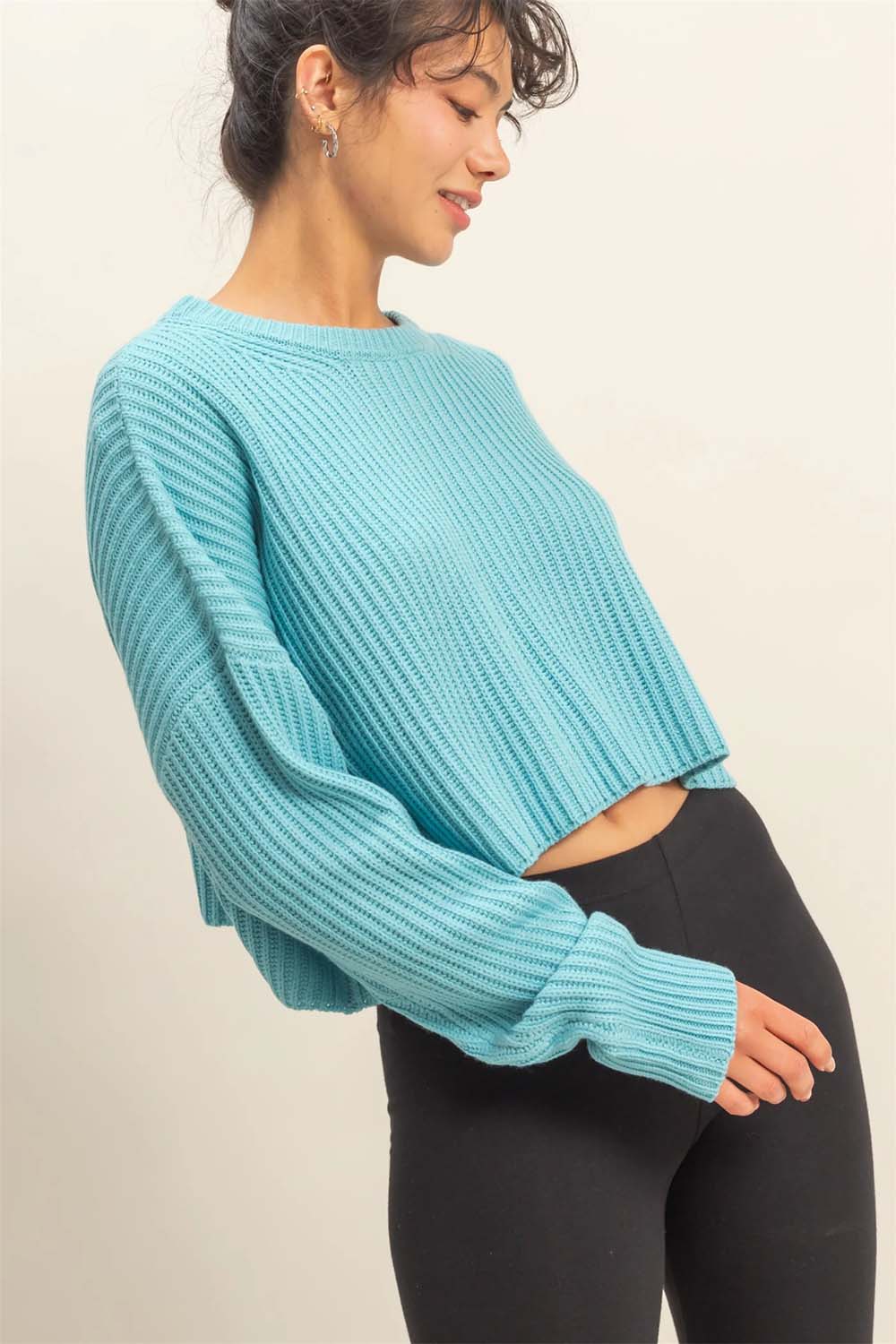 Double Zero - Cropped Knit Sweater - Sky Blue - Side