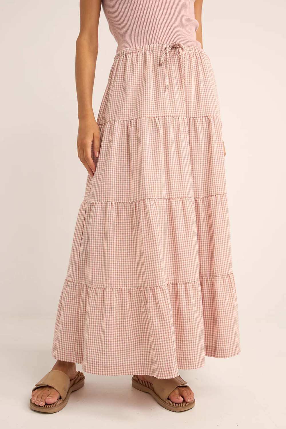 Rhythm - Lola Check Tiered Maxi Skirt - Dusty Pink - Front