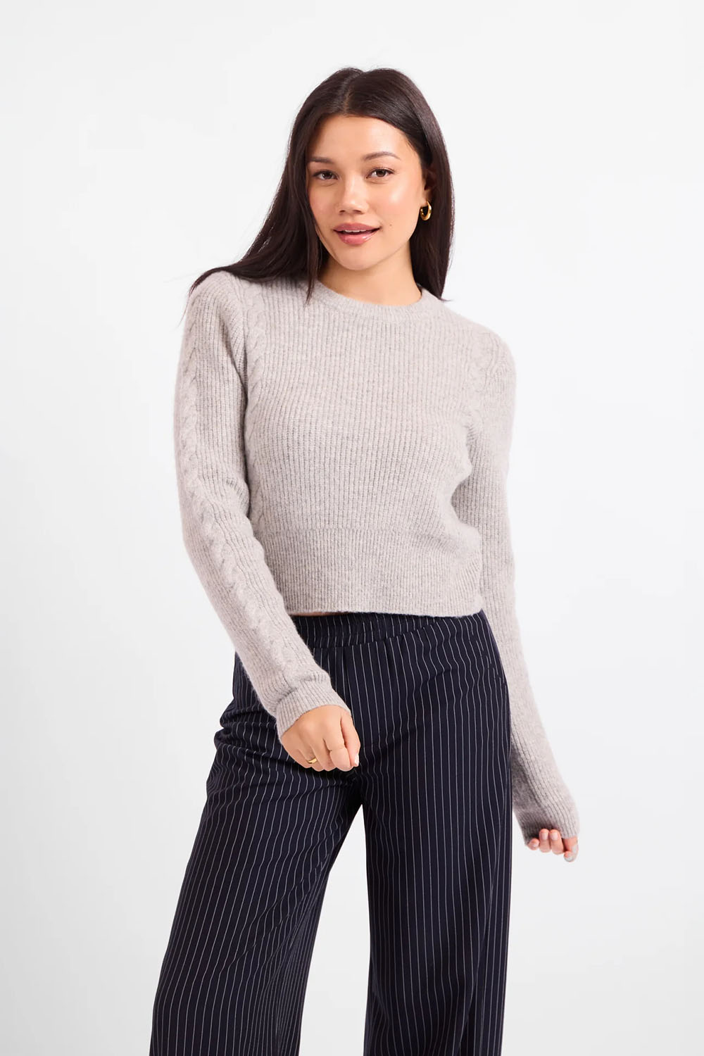 Sadie & Sage - Bree Cable Knit Sweater - Light Grey - Front