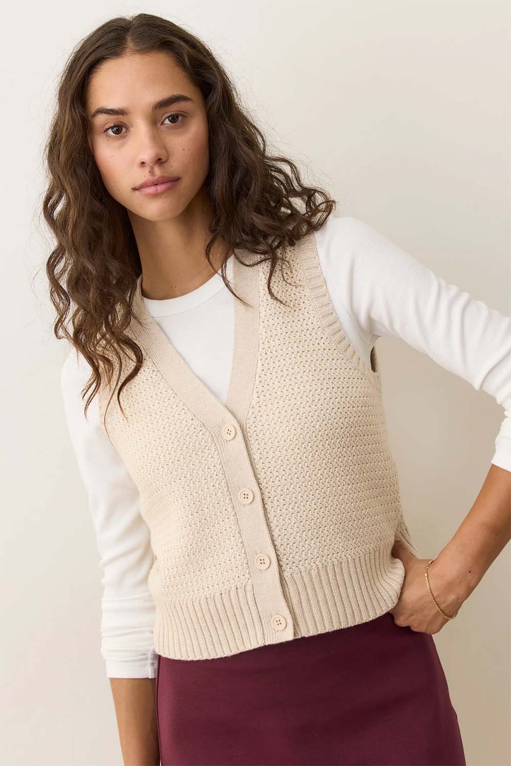 Marine Layer - Robin Textured Sweater Vest - Cream - Front