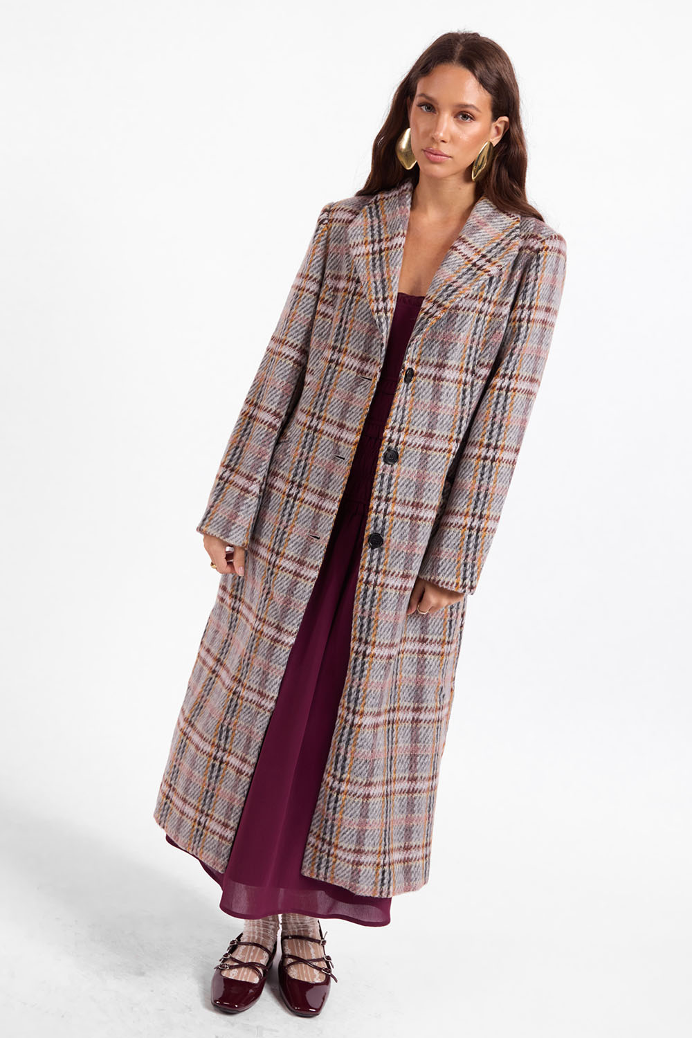 Sage the Label - Flower Bed Plaid Coat - Grey Wine Multi - Front Angle