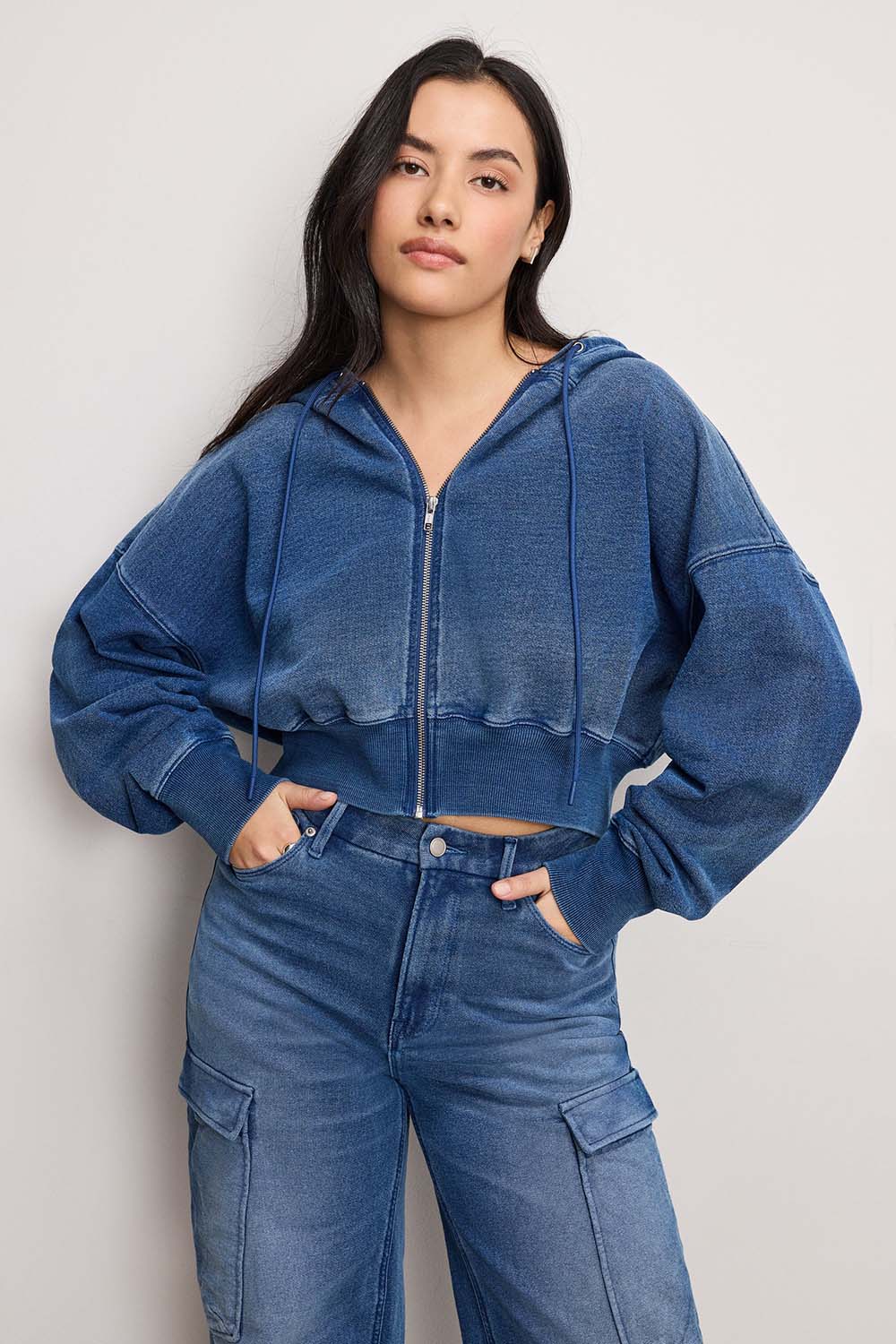 Good American - Jeanius Zip Up Hoodie - Indigo - Plus Front