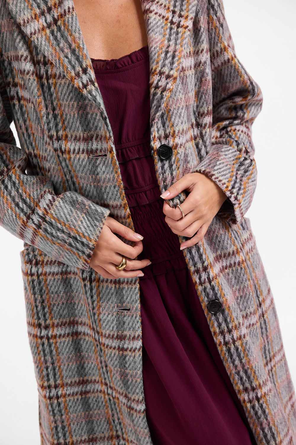 Sage the Label - Flower Bed Plaid Coat - Grey Wine Multi - Detail
