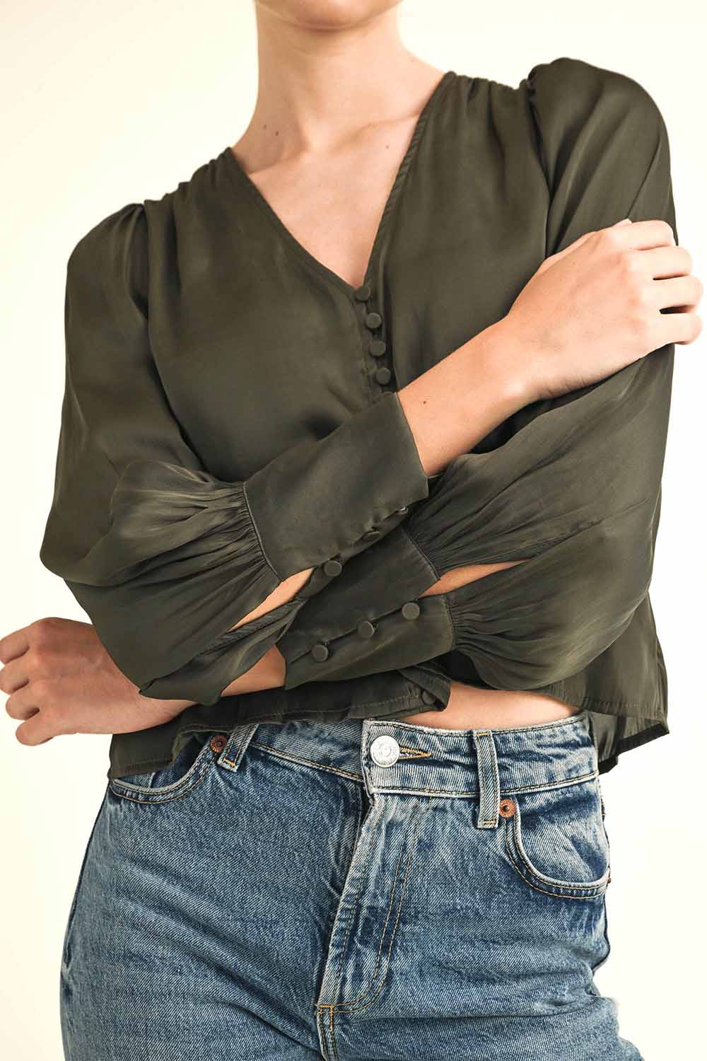 Reset by Jane - Jazmine Button Up Blouse - Olive - Detail