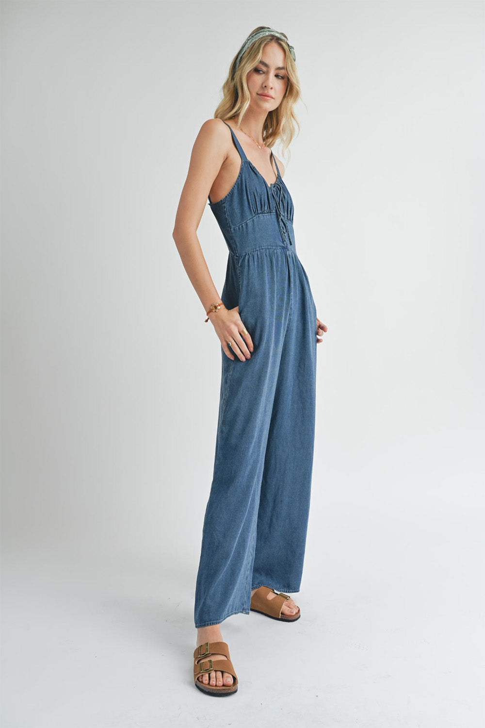 Sadie & Sage - Archives Button Front Jumpsuit - Dark Chambray - Side