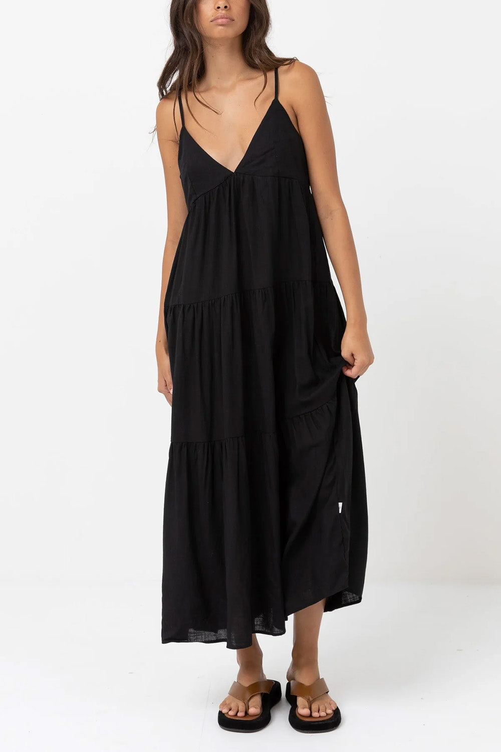 Rhythm - Classic Tiered Midi Dress - Black - Front