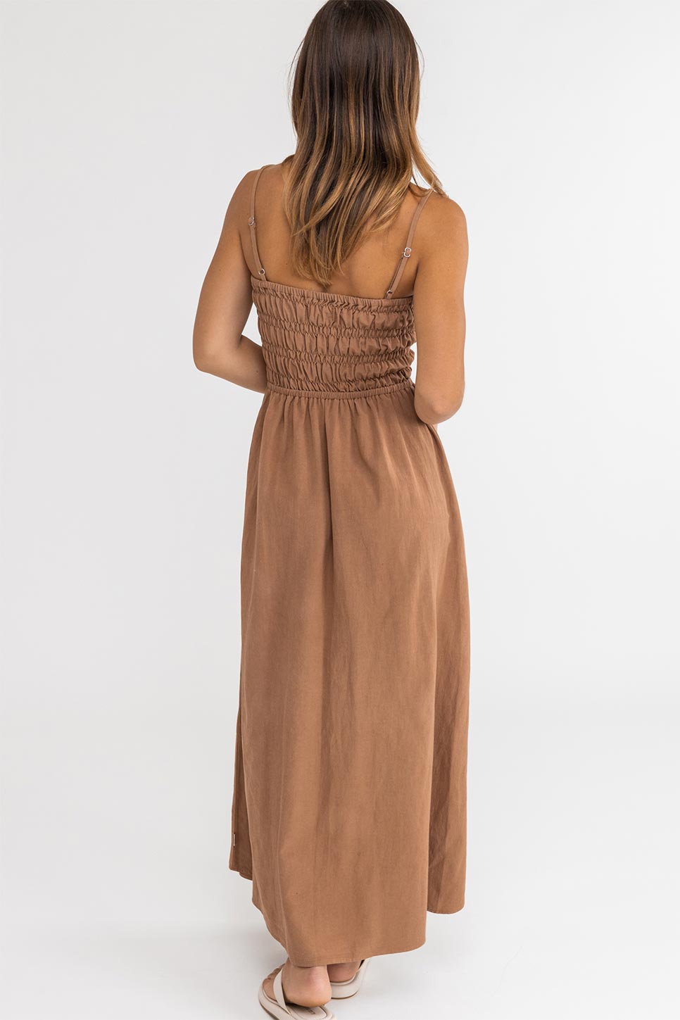 Rhythm - Classic Shirred Midi Dress - Caramel - Back