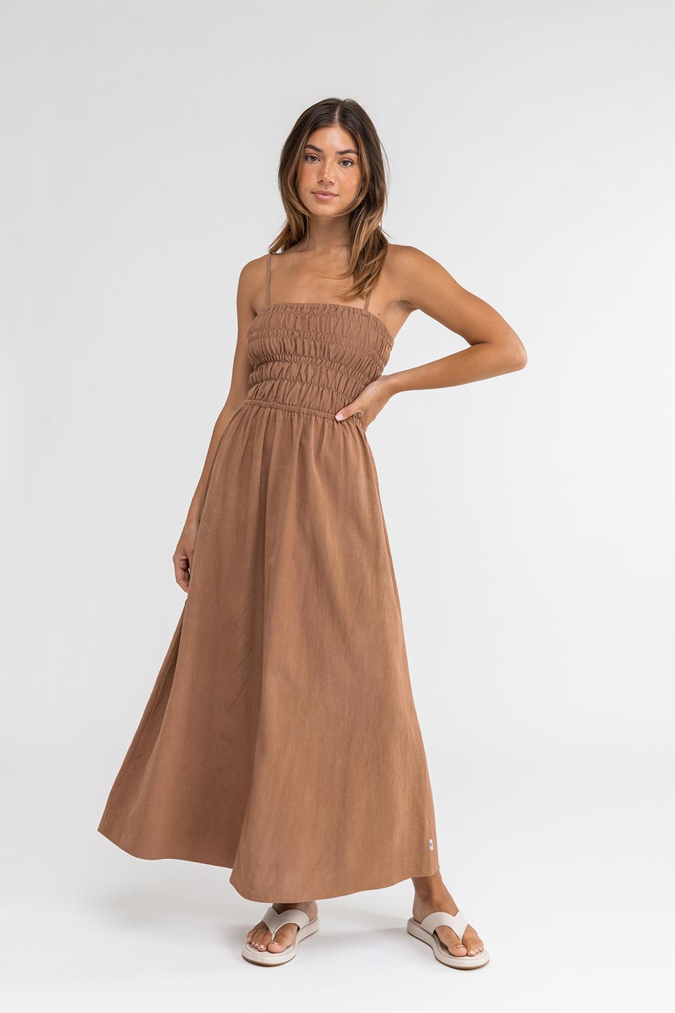 Rhythm - Classic Shirred Midi Dress - Caramel - Front